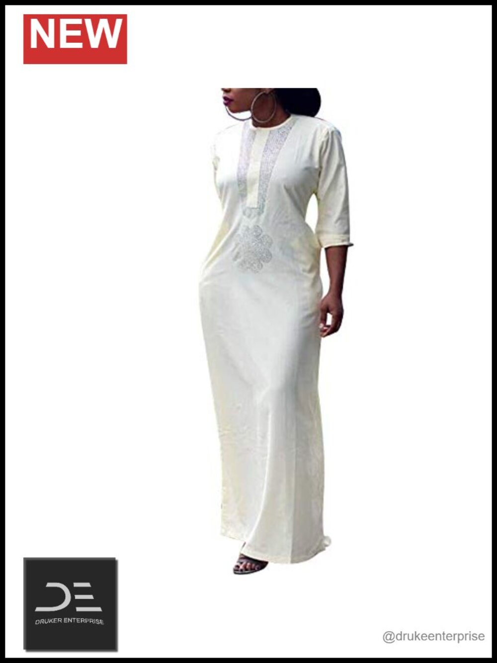 Woman Cotton Embroidered Rhinestone Maxi Dress with Headwrap Church